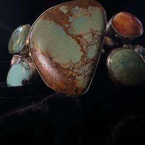 Native American Sterling signed silver cuff, with turquoise & coral.